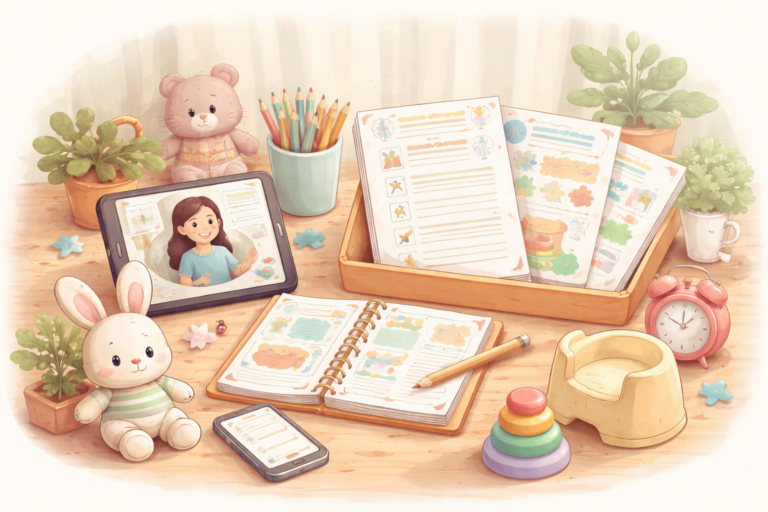 materiales educativos sobre una mesa de madera, colores, un teléfono, un iPad, un orinal alusivas a al curso online