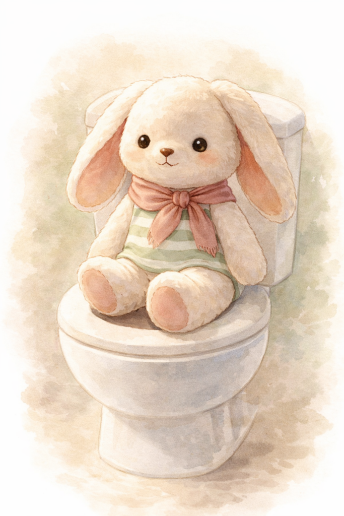 conejo de peluche sentado en el inodoro